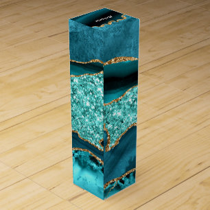 Teal Blue Gold Glitter Custom Name Wine Box