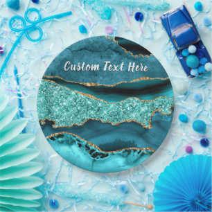 Teal Blue Gold Glitter Custom Text Paper Plates