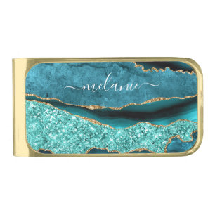 Teal Blue Gold Glitter Custom Your Name Money Clip