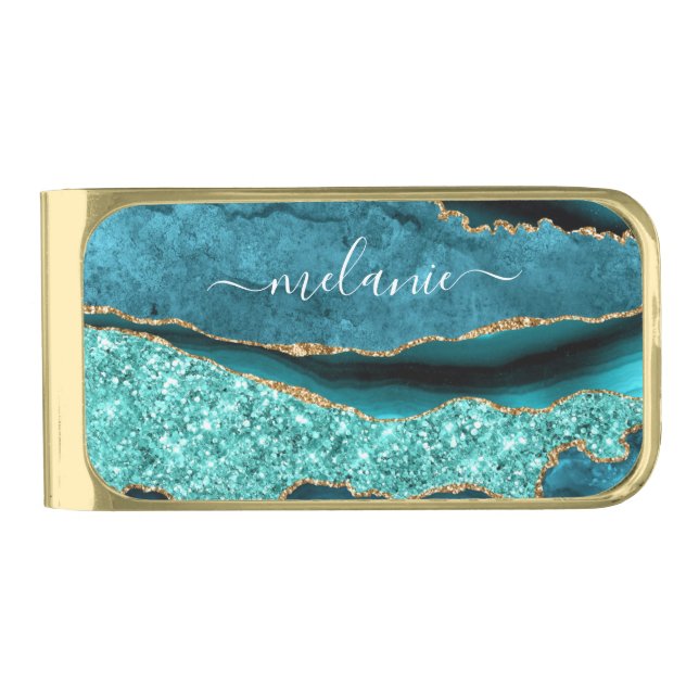 Teal Blue Gold Glitter Custom Your Name Money Clip (Front)