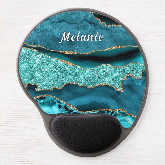 Teal Blue Gold Glitter Gel Mouse Pad Custom Name (Front)