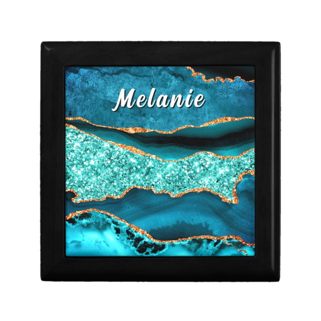 Teal Blue Gold Glitter Gift Box Personalized Name (Front)