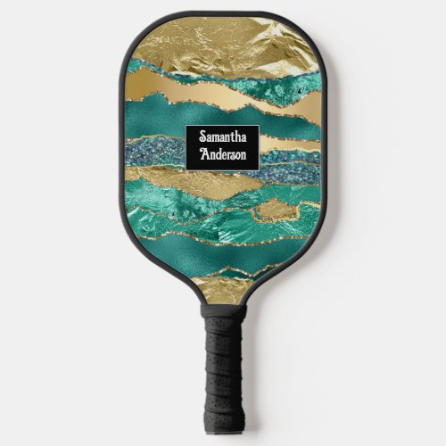 Teal blue gold glitter glam name classy chic pickleball paddle