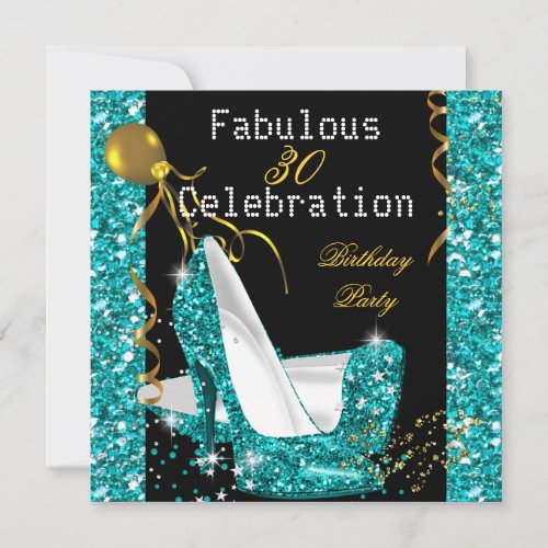 Teal Blue Gold Glitter High Heels Birthday Party Invitation