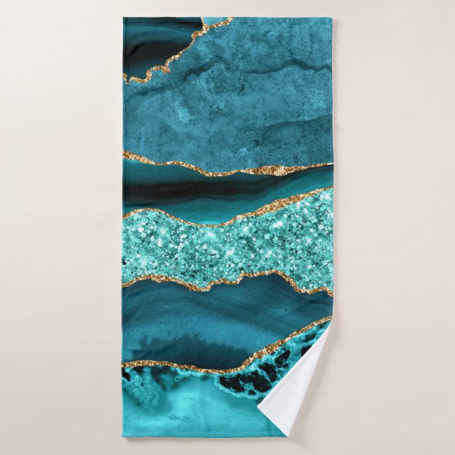 Teal Blue Gold Glitter Marble Aqua Bath Towel Set (Bath Towel)