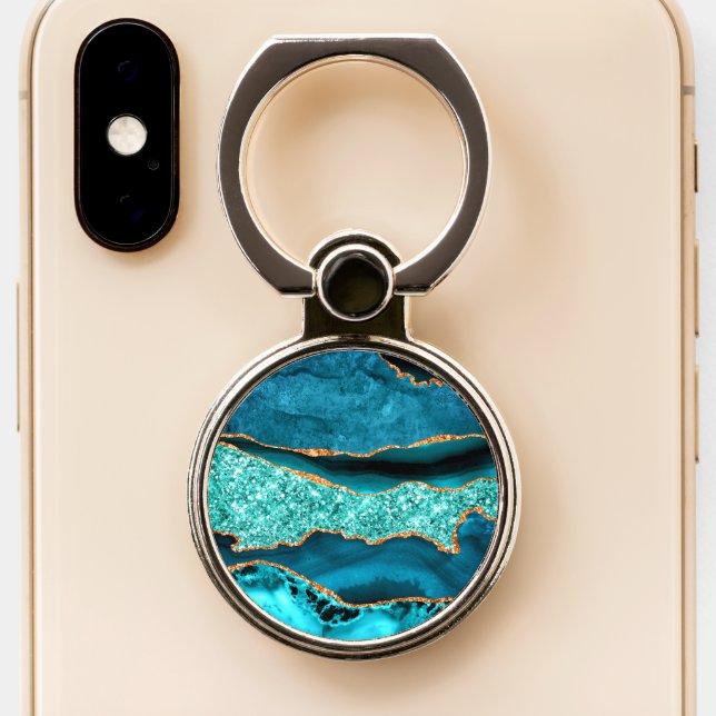 Teal Blue Gold Glitter Marble Aqua Turquoise Phone Ring Stand (Close Up)