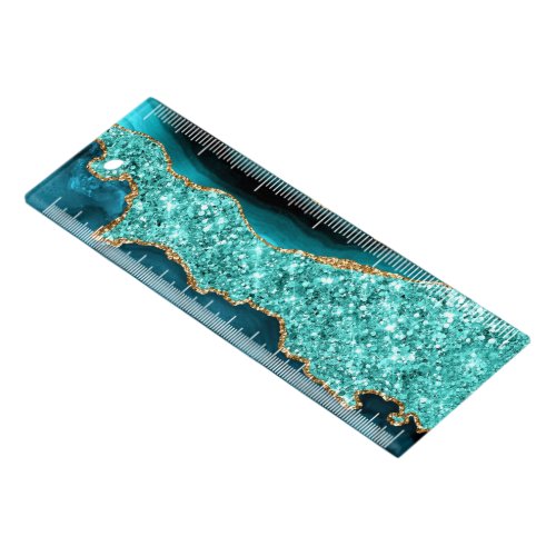 Teal Blue Gold Glitter Marble Aqua Turquoise Ruler