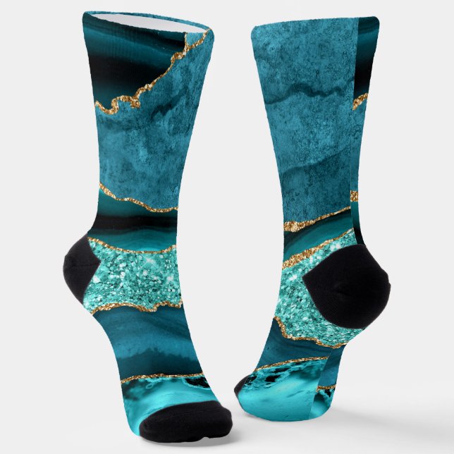 Teal Blue Gold Glitter Marble Aqua Turquoise Socks (Angled)