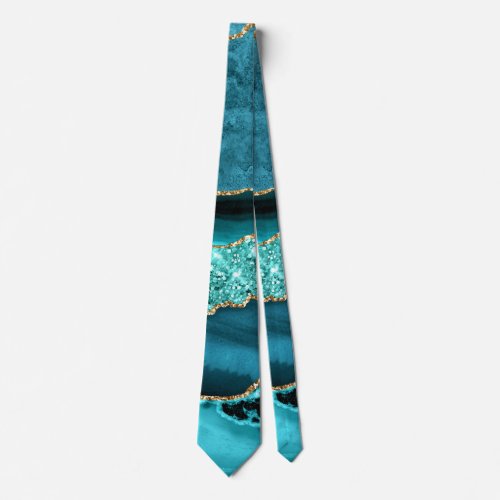 Teal Blue Gold Glitter Marble Aqua Turquoise Tie