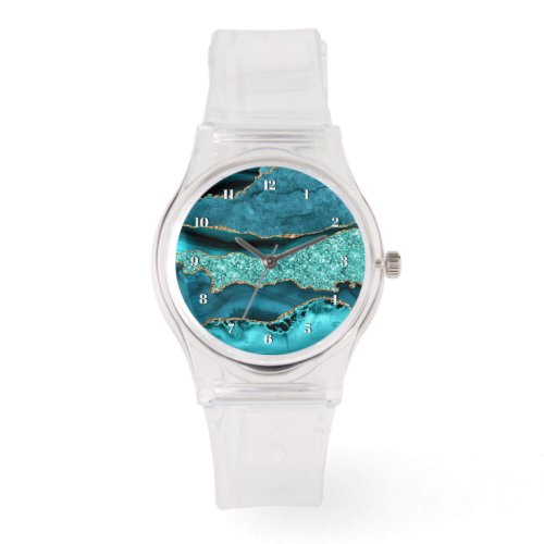 Teal Blue Gold Glitter Marble Aqua Turquoise Watch