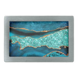 Teal Blue Gold Glitter Marble Belt Buckle