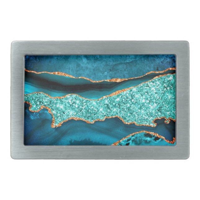 Teal Blue Gold Glitter Marble Belt Buckle (Front)