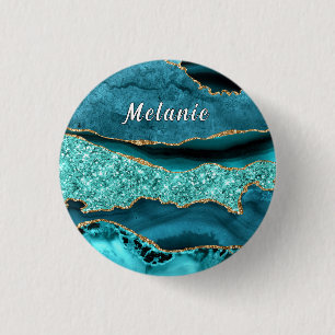 Teal Blue Gold Glitter Marble Custom Name Button