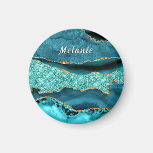 Teal Blue Gold Glitter Marble Custom Name Magnet