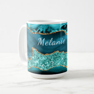 Teal Blue Gold Glitter Marble Custom Name Mug