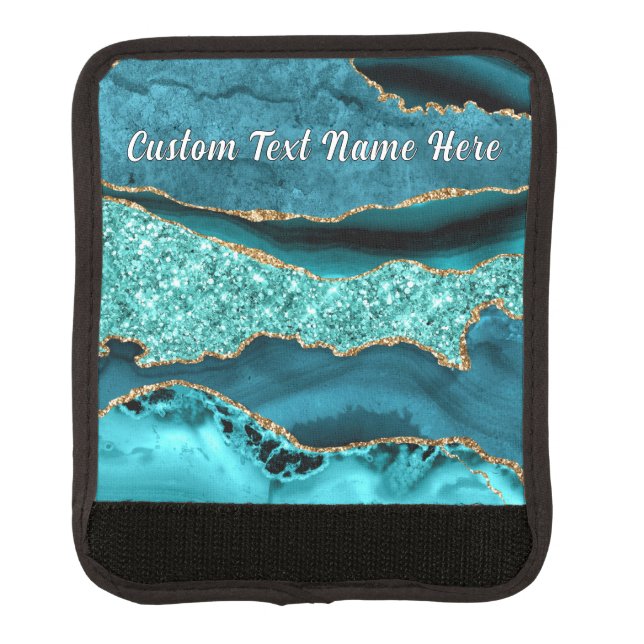 Teal Blue Gold Glitter Marble Custom Text Name Luggage Handle Wrap (Front)