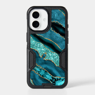 Teal Blue Gold Glitter Marble iPhone Case