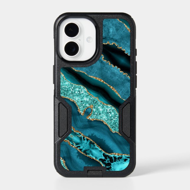 Teal Blue Gold Glitter Marble iPhone Case (Back)