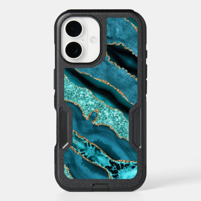 Teal Blue Gold Glitter Marble iPhone Case (Back)
