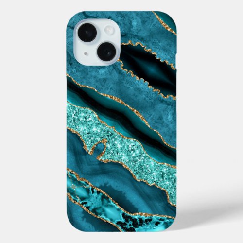 Teal Blue Gold Glitter Marble iPhone Case