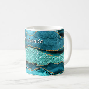 Teal Blue Gold Glitter Marble Mug with Custom Name
