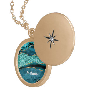 Teal Blue Gold Glitter Marble Necklace Custom Name