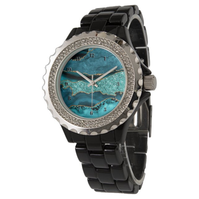 Teal Blue Gold Glitter Marble Turquoise Aqua Watch (Angled)