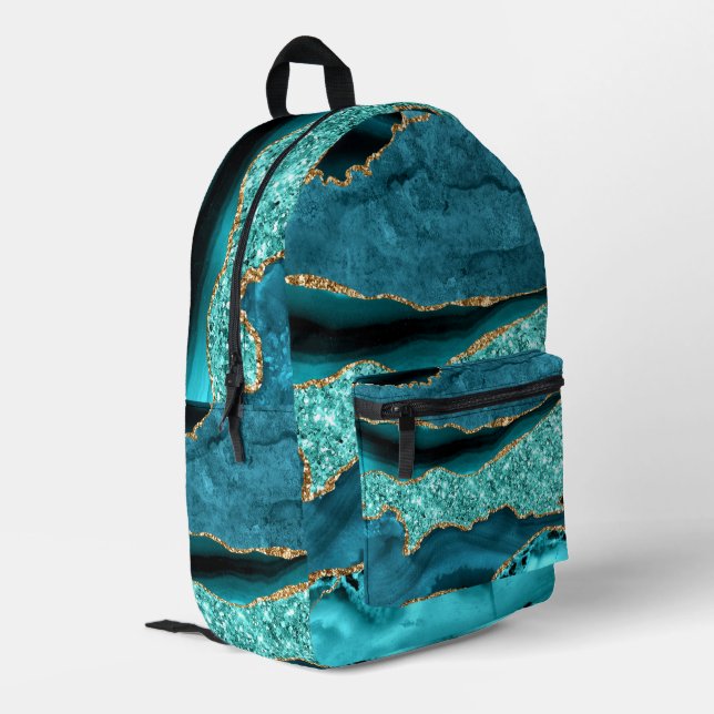 Teal Blue Gold Glitter Marble Turquoise Backpack (Back Corner Left)