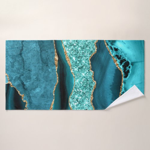 Teal Blue Gold Glitter Marble Turquoise Bath Towel