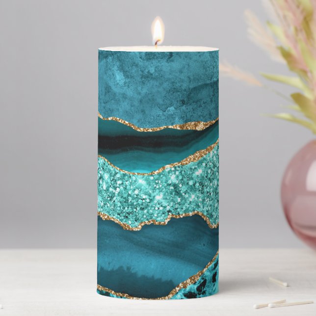 Teal Blue Gold Glitter Marble Turquoise Candle (In Situ)
