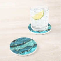 Teal Blue Gold Glitter Marble Turquoise Coaster