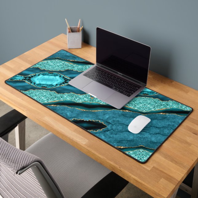 Teal Blue Gold Glitter Marble Turquoise Desk Mat (Office 2)