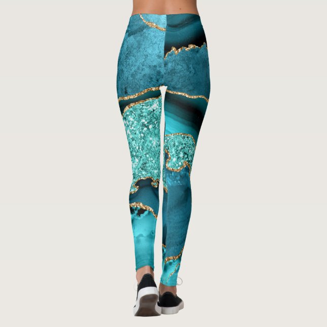 Teal Blue Gold Glitter Marble Turquoise Leggings (Back)