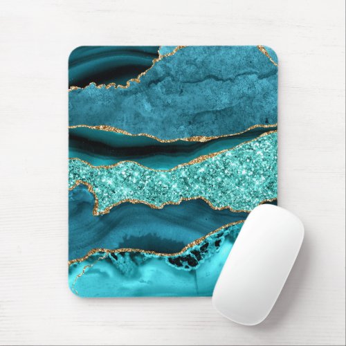 Teal Blue Gold Glitter Marble Turquoise Mouse Pad