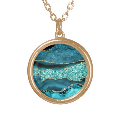 Teal Blue Gold Glitter Marble Turquoise Necklace