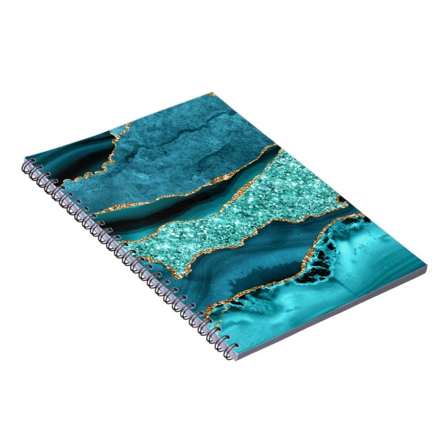 Teal Blue Gold Glitter Marble Turquoise Notebook (Right Side)