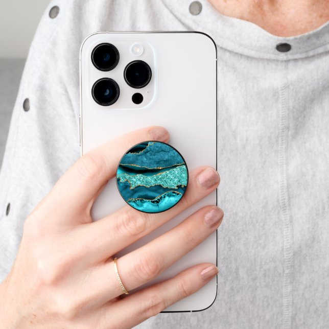 Teal Blue Gold Glitter Marble Turquoise PopSocket (Hand)