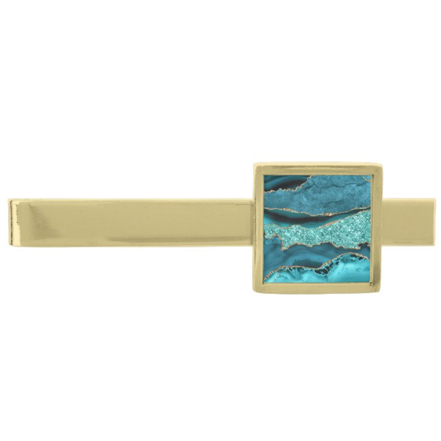 Teal Blue Gold Glitter Marble Turquoise Tie Bar (Front)