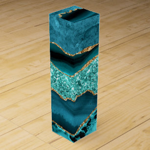 Teal Blue Gold Glitter Marble Turquoise Wine Box