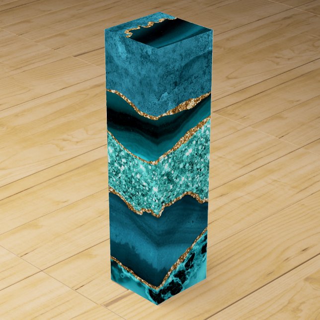 Teal Blue Gold Glitter Marble Turquoise Wine Box (Front)