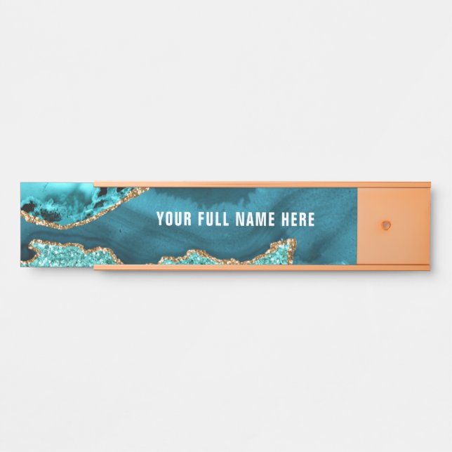 Teal Blue Gold Glitter Marble Your Name Door Sign (Front)