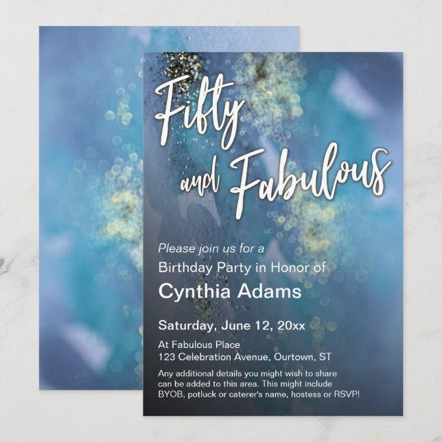Teal & Blue Gold Glitter Modern Fifty and Fabulous Invitation (Front/Back)
