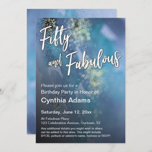 Teal  Blue Gold Glitter Modern Fifty and Fabulous Invitation