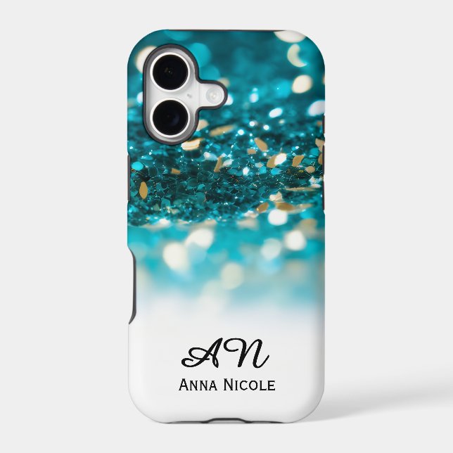 Teal Blue Gold Glitter - Personalized name Case-Mate iPhone Case (Back)