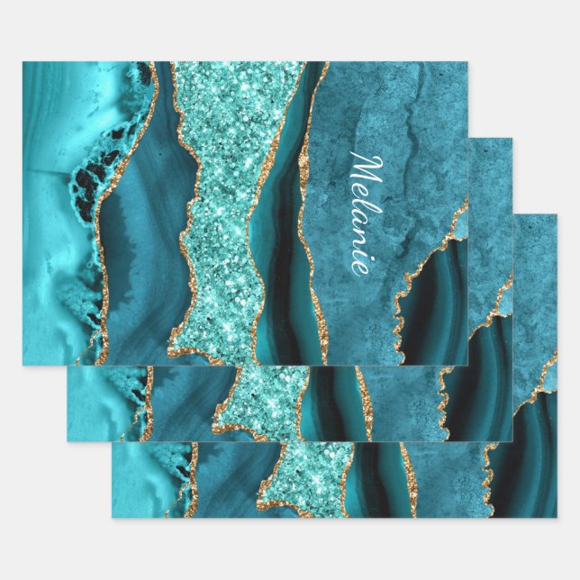 Teal Blue Gold Glitter Personalized Your Name Wrapping Paper Sheets (Set)