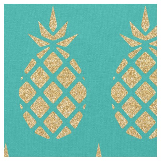 Teal Blue Gold Glitter Pineapple Tropical Summer Fabric