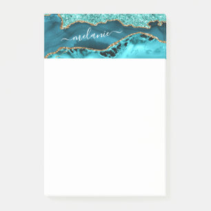 Teal Blue Gold Glitter Post-it® Notes Custom Name