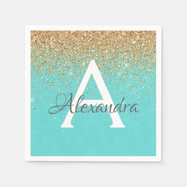 Teal Blue Gold Glitter & Sparkle Monogram Birthday Napkins (Front)