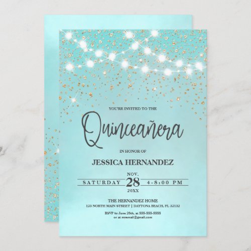 Teal Blue Gold Glitter Sparkles Lights Quinceaera Invitation