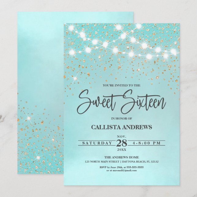 Teal Blue Gold Glitter Sparkles Lights Sweet 16 Invitation (Front/Back)